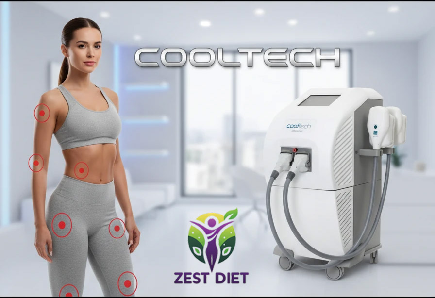 دستگاه لاغری کول تک (CoolTech) در کنار مدل با نمایش نواحی قابل درمان شامل شکم، پهلو، ران و بازو با نقاط قرمز در کلینیک زست دایت